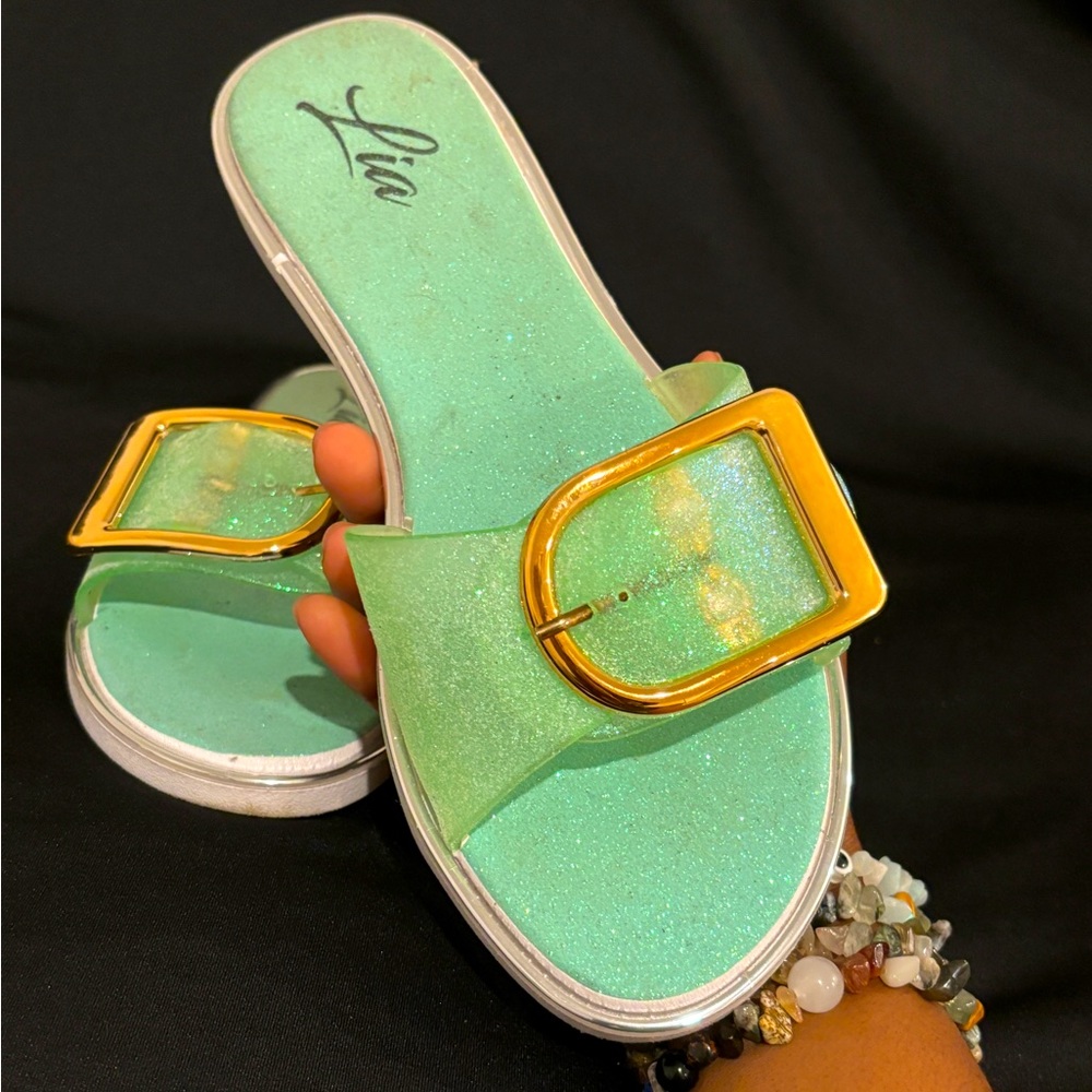 Y2K blue glitter sandals.